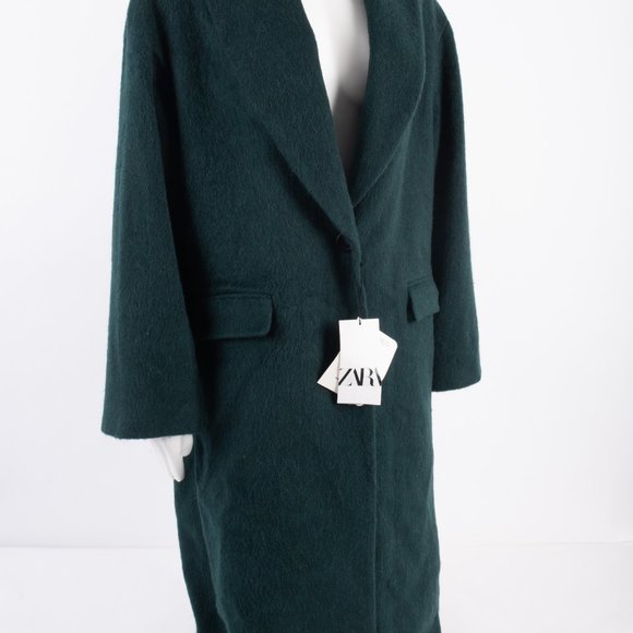 Zara Womens Green Long Coat Jacket Shawl Collar M - Picture 12 of 14